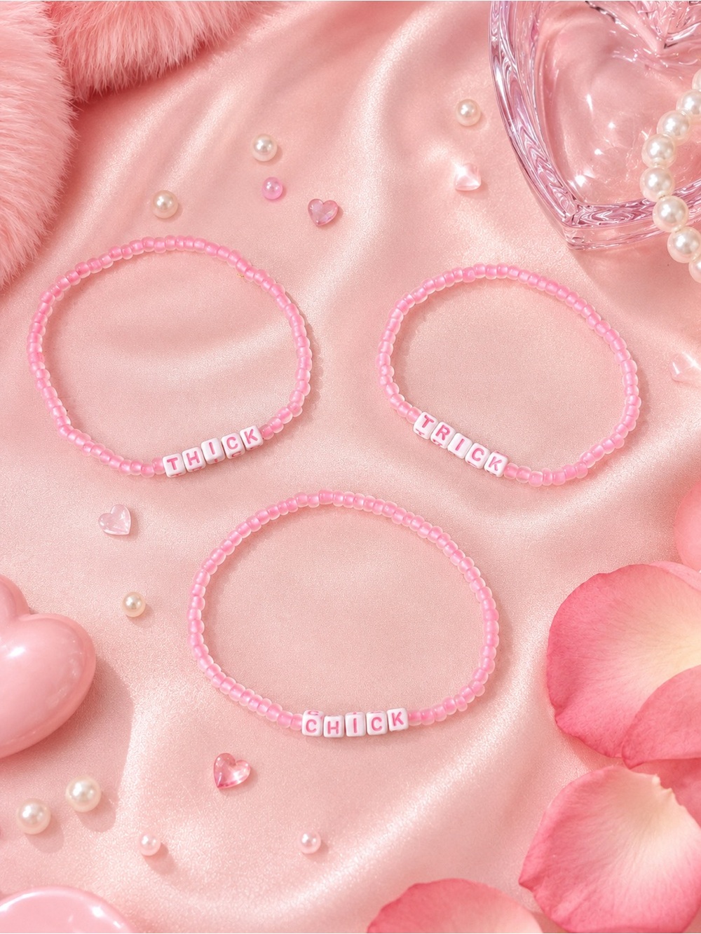 Pink Word Bracelet Set | Thick Trick Chick Bracelets 9”
